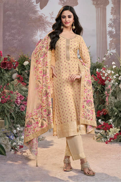 Cream Floral Printed & Zari Woven Silk Suit