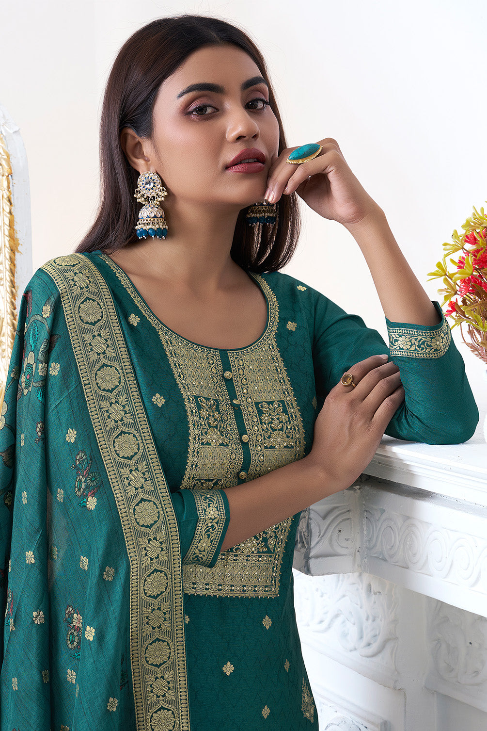 Teal Silk Zari Woven Suit Set