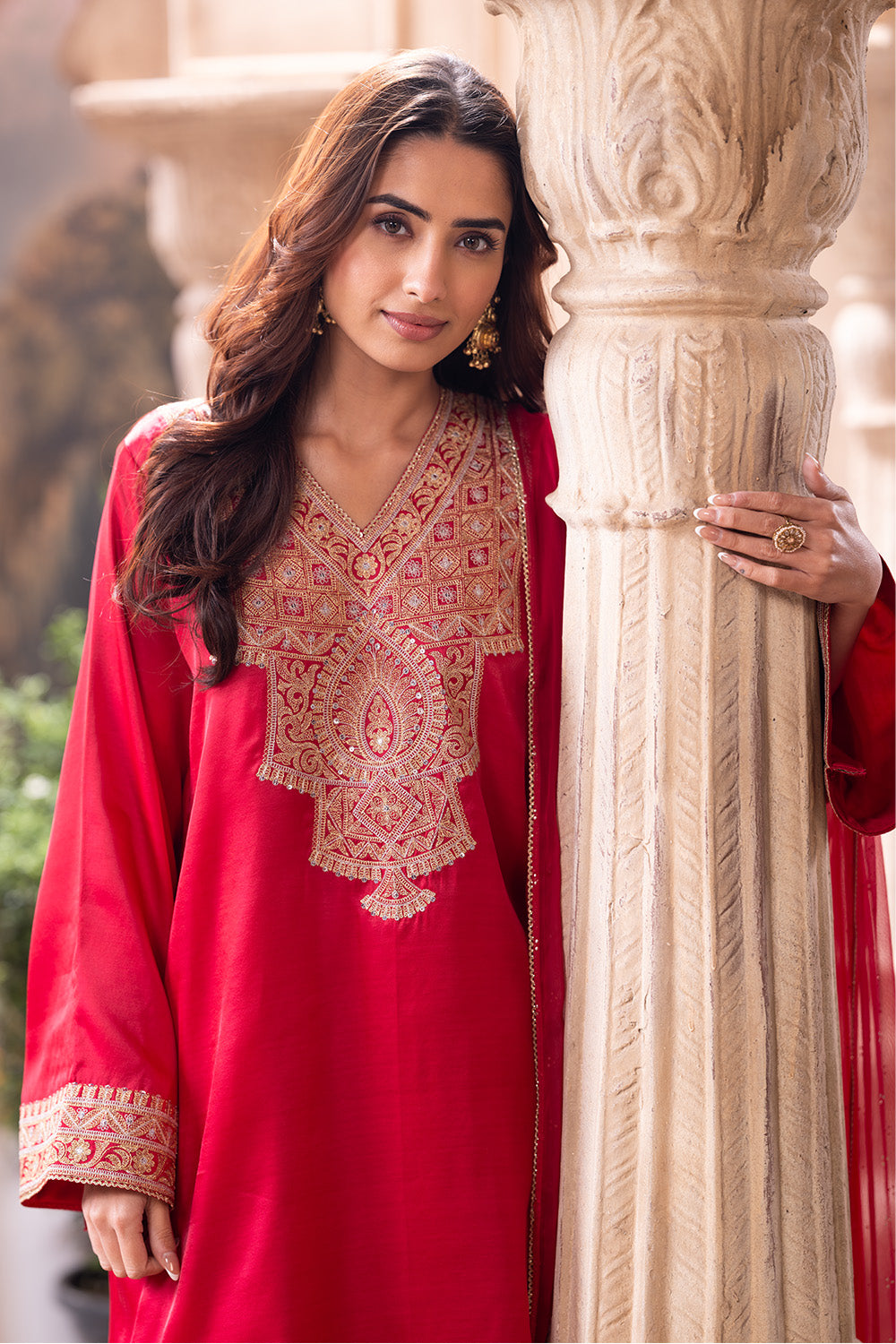 Cherry Red Zari & Sequins Embroidered Silk Suit