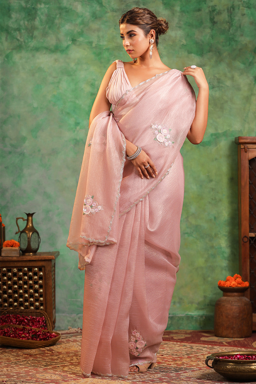 Dusty Pink Colour  Crush Tissue Saree