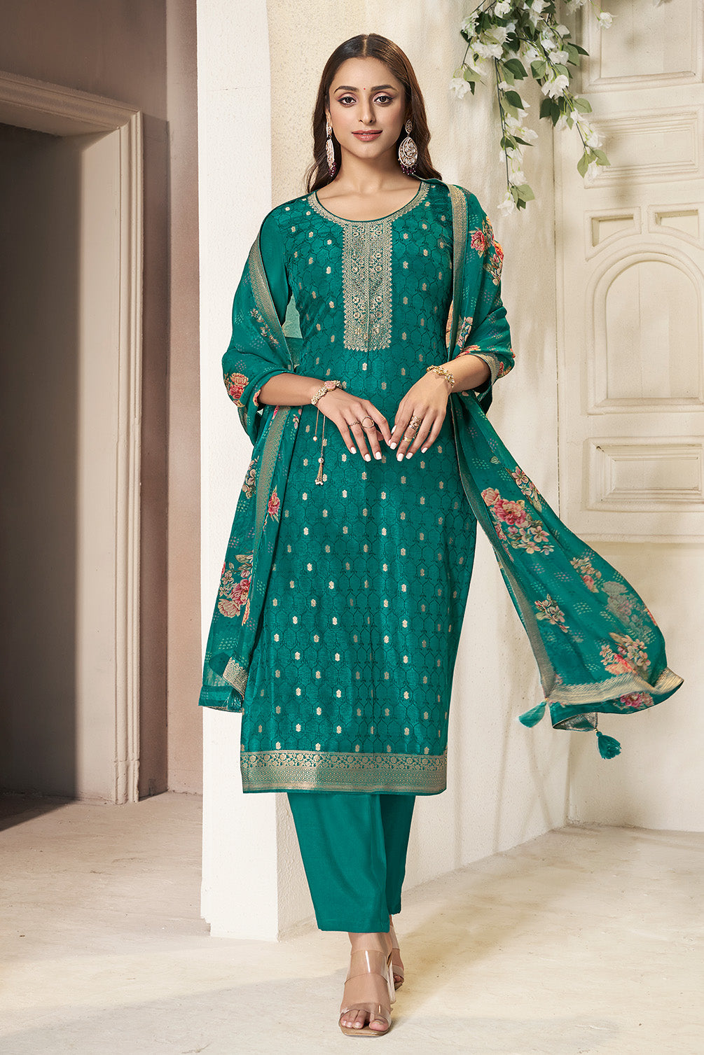 Teal Silk Zari & Resham Woven Suit Set