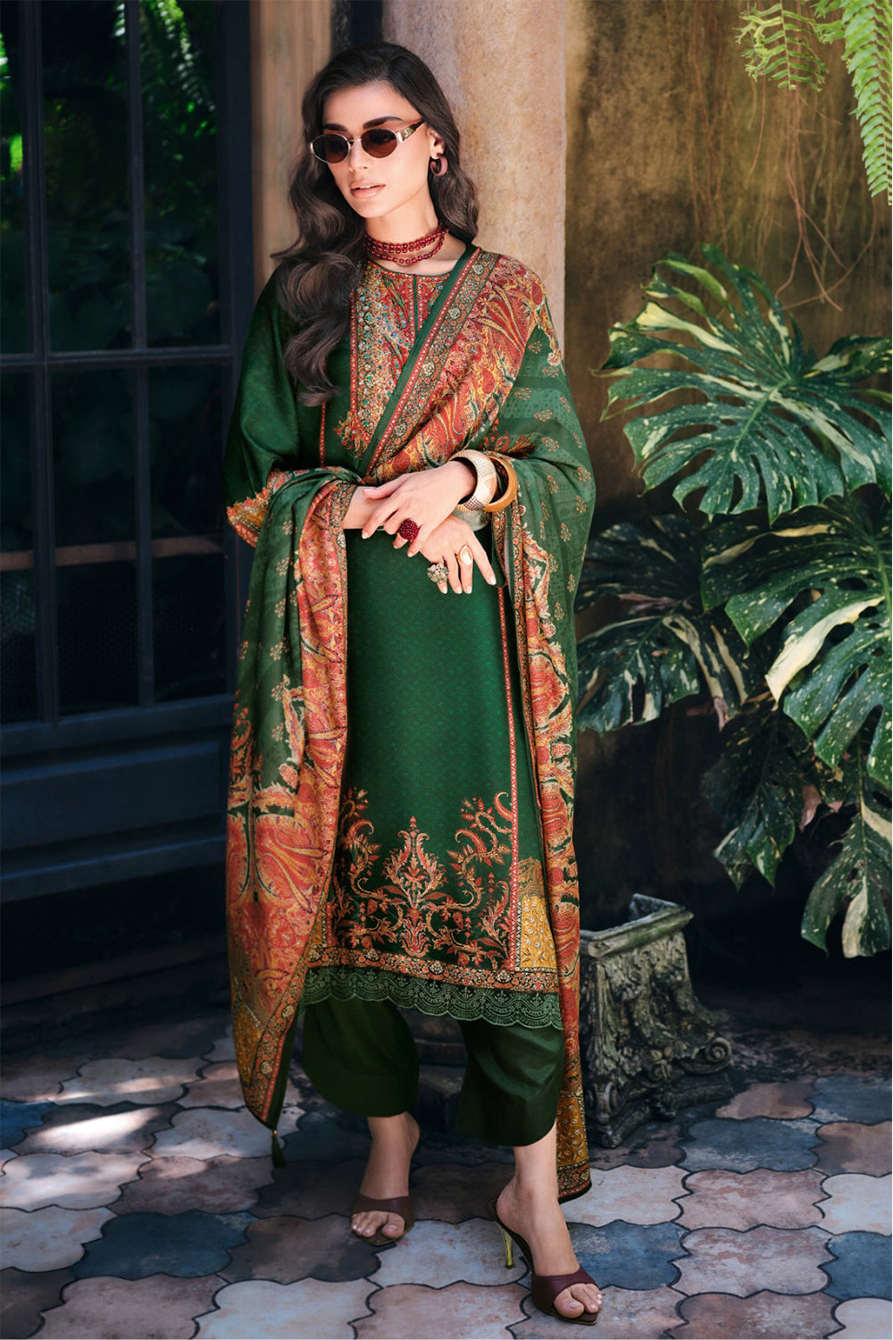 Bottle Green Silk Woven And Printed Unstitched Suit Material