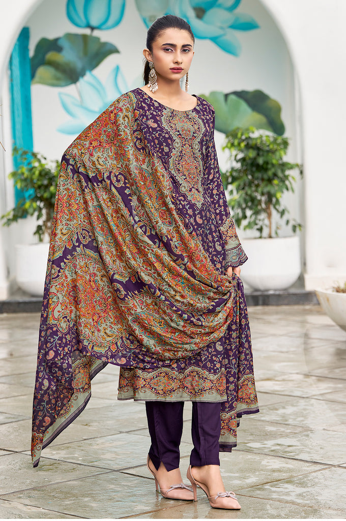 Purple Muslin Floral Printed Unstitched Suit Material