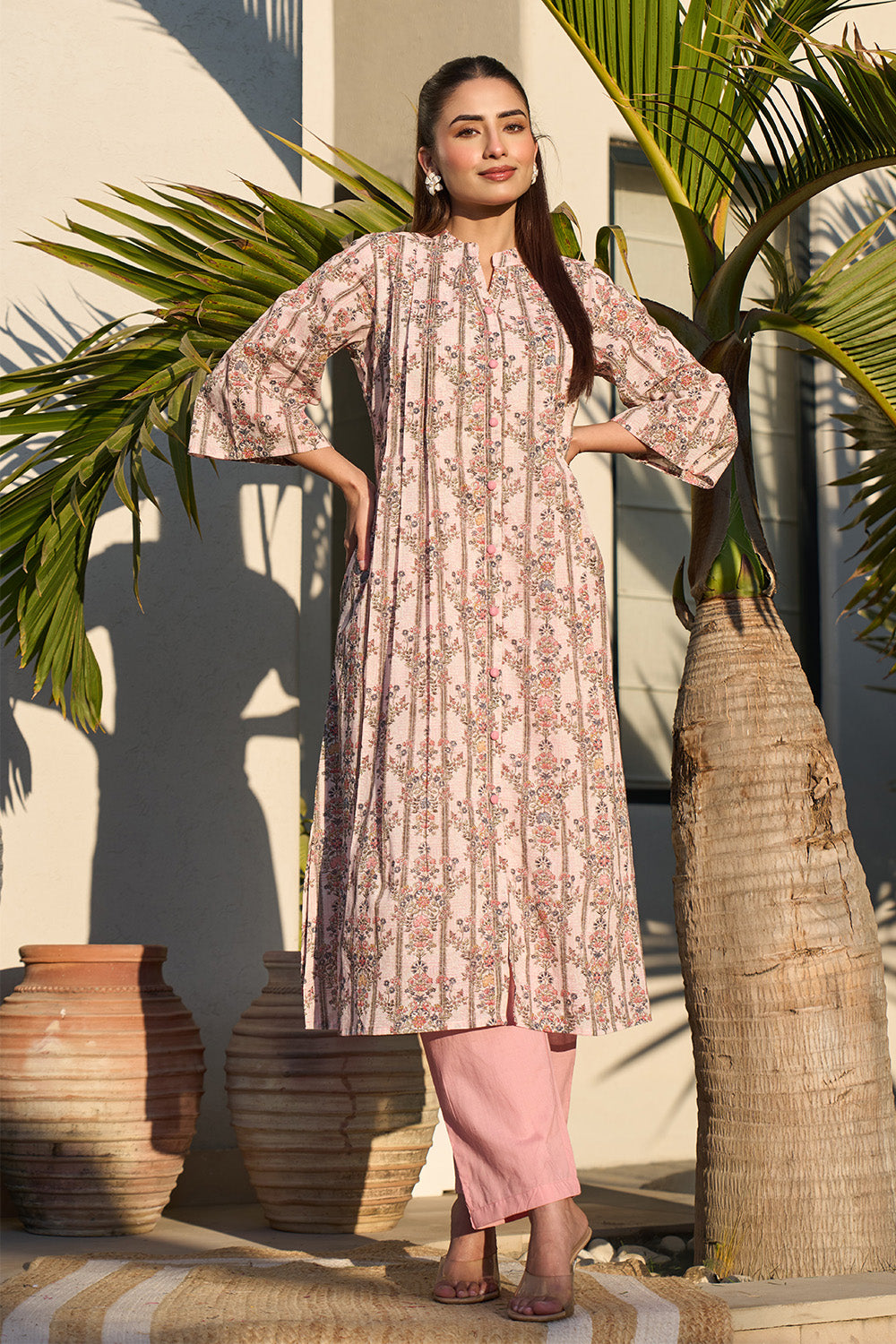 Pink Floral Printed Cotton Long Kurta Set