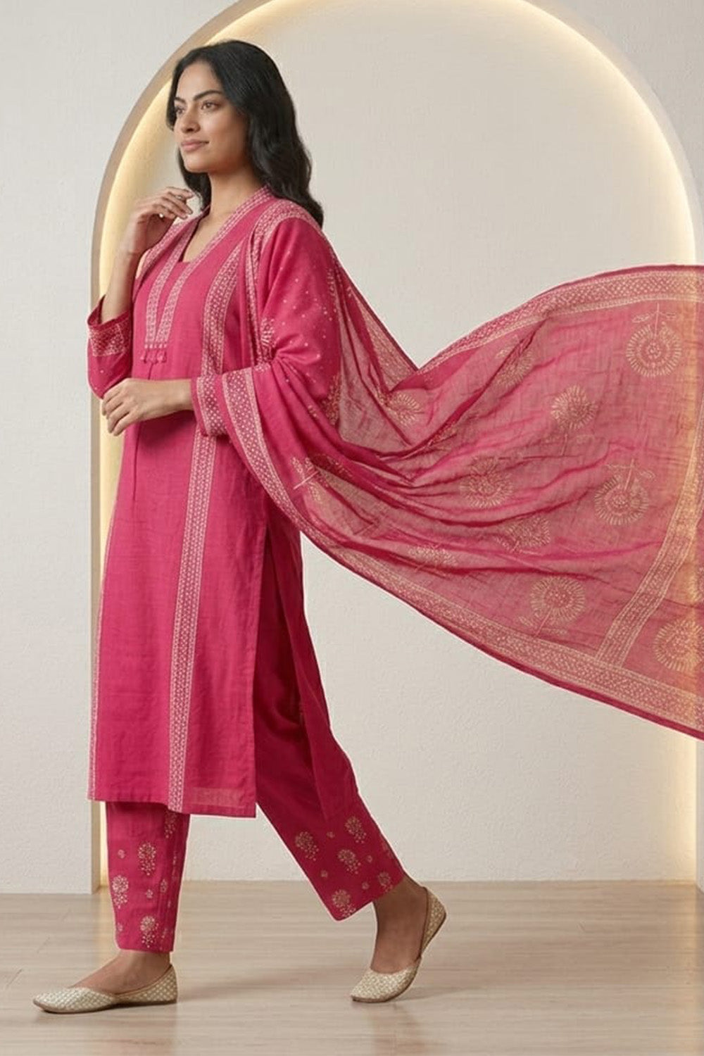 Magenta Pink Cotton Printed Suit