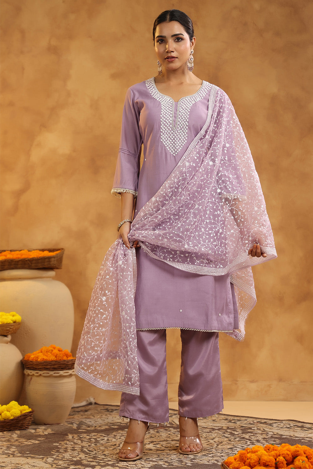 Light Lavender Color Cotton Neck Embroidered Unstitched Suit Fabric