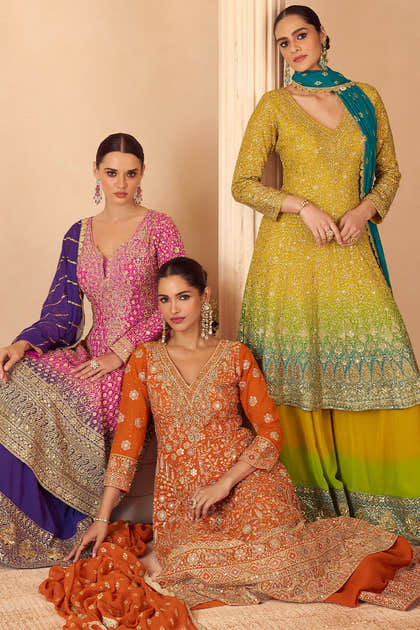 Mustard Georgette Zari And Sequins Embroidered Suit With Embroidered Palazzo