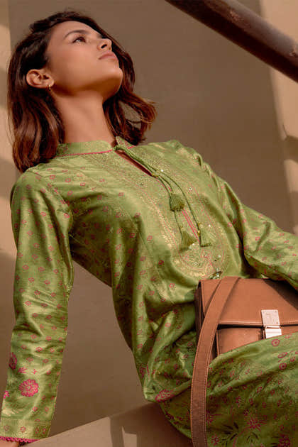 Green Silk Embroidered And Floral Printed Unstitched Suit Fabric