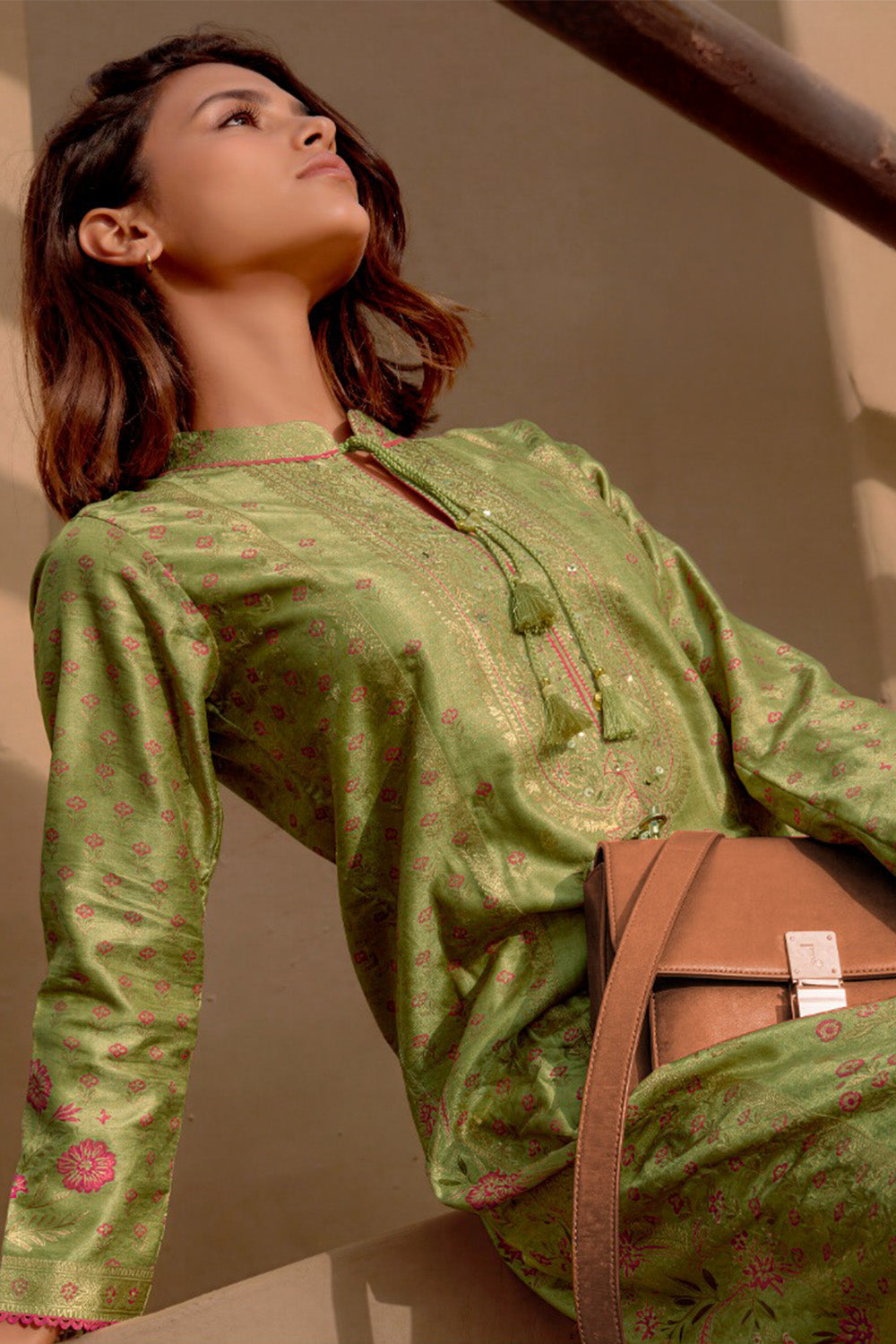 Green Silk Embroidered And Floral Printed Unstitched Suit Fabric