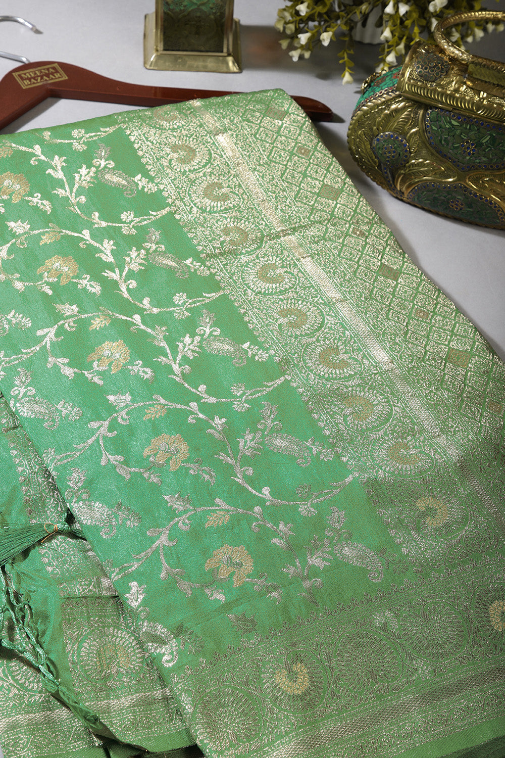 Sea Green Color Zari Woven South Silk Saree