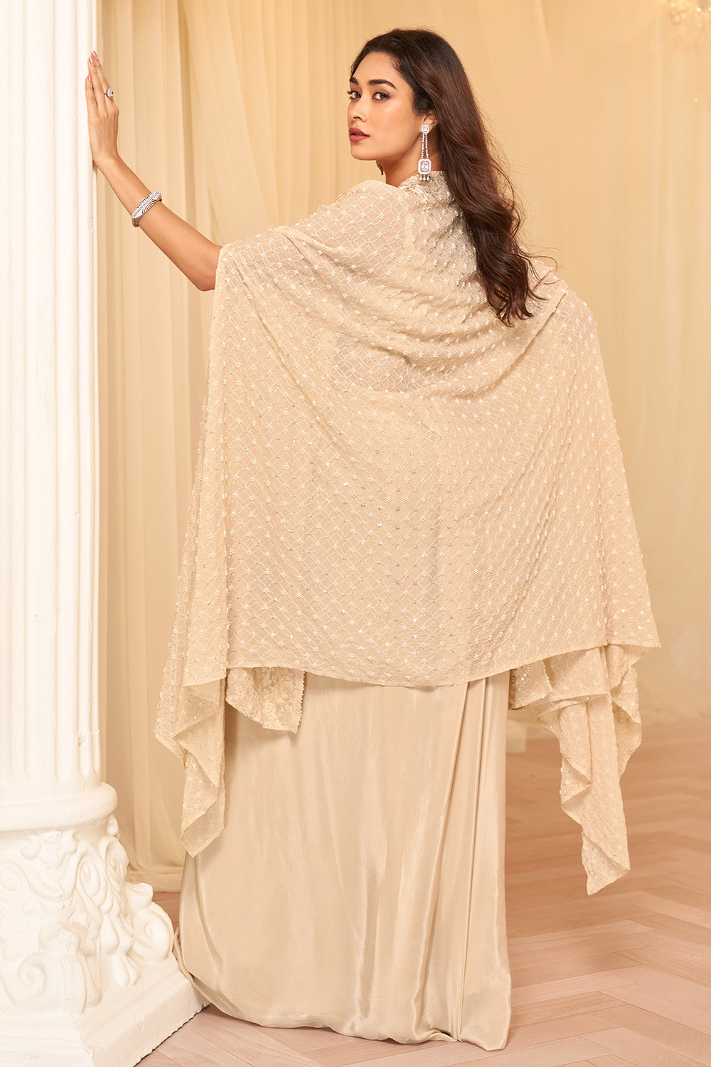 Beige Georgette Embroidered Dhoti Style Skirt and Choli WIth Emroidered Shrug Dress
