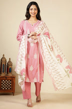 Pink Cotton Emboridered And Printed Suit Set