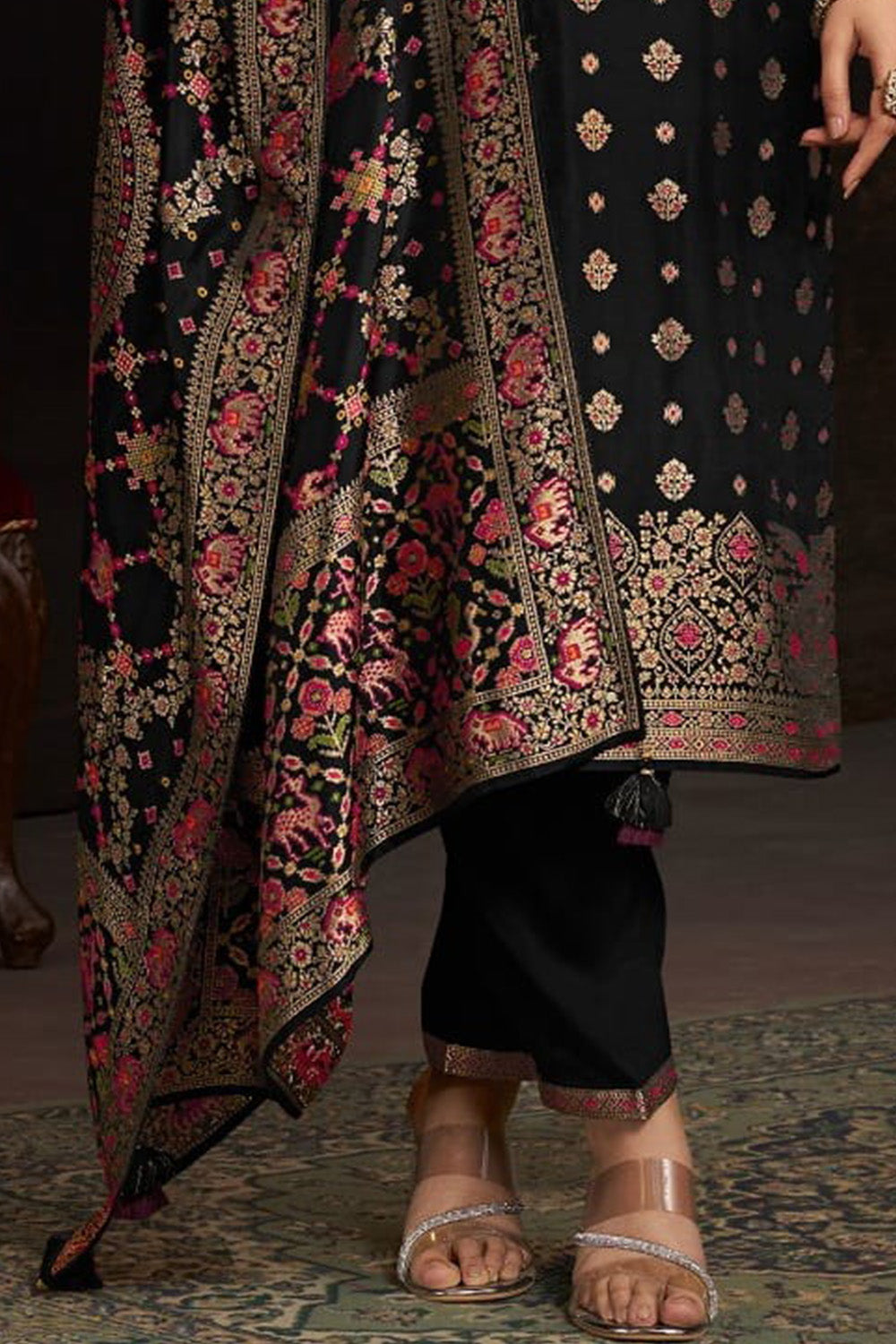 Black Silk Neck Embroidered And Zari Woven Suit With Woven Dupatta Set