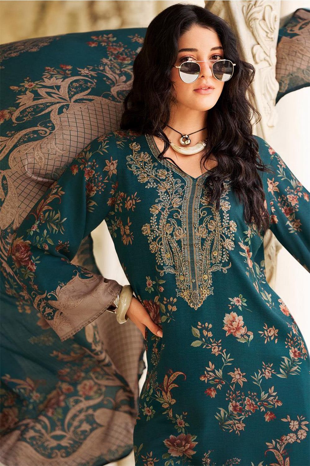 Teal Spun Floral Printed Unstitched Suit Fabric