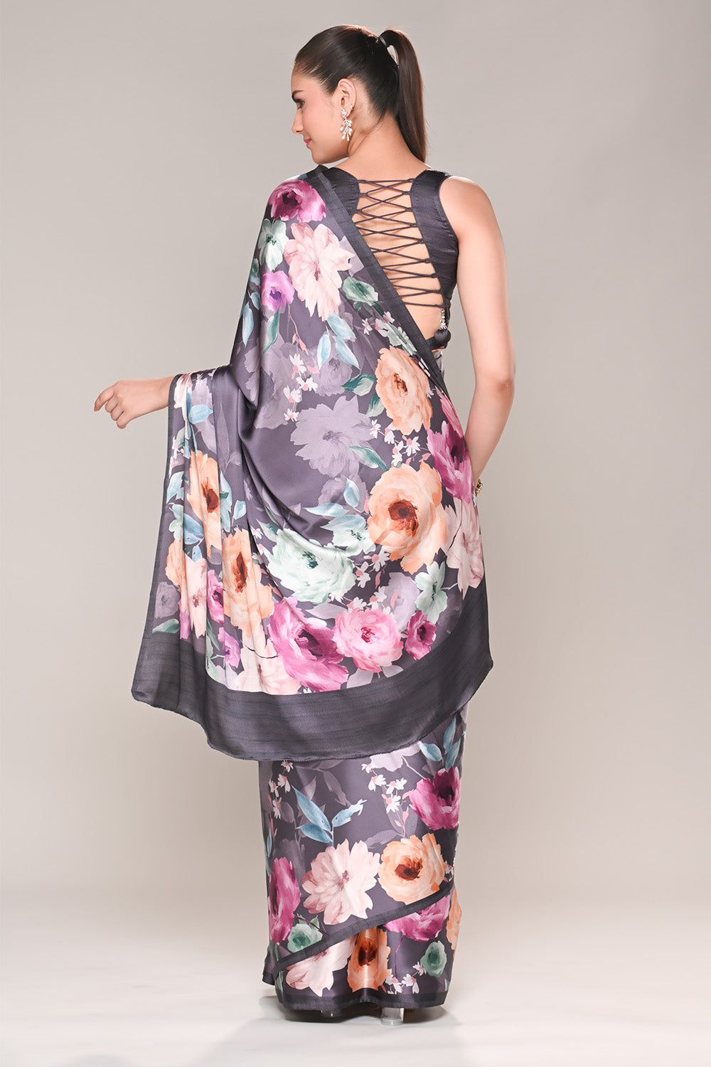 Lavender Color Satin Silk Lasa Printed Saree
