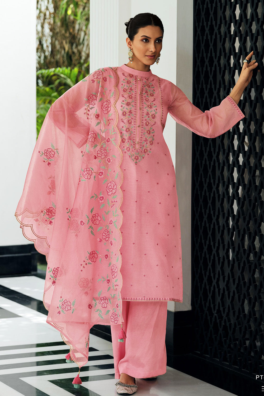 Pink Kota Silk Double Layer Embroidered Unstitched Suit Fabric