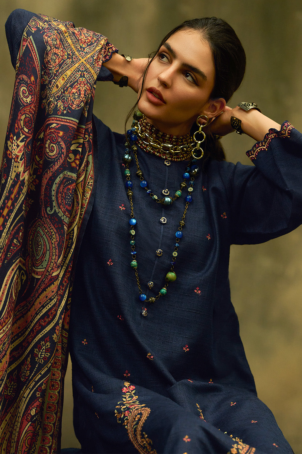 Navy Tussar Silk Resham Floral Embroidered Unstitched Suit Material