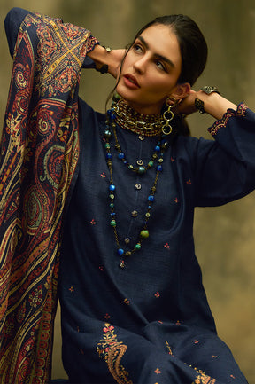 Navy Tussar Silk Resham Floral Embroidered Unstitched Suit Material
