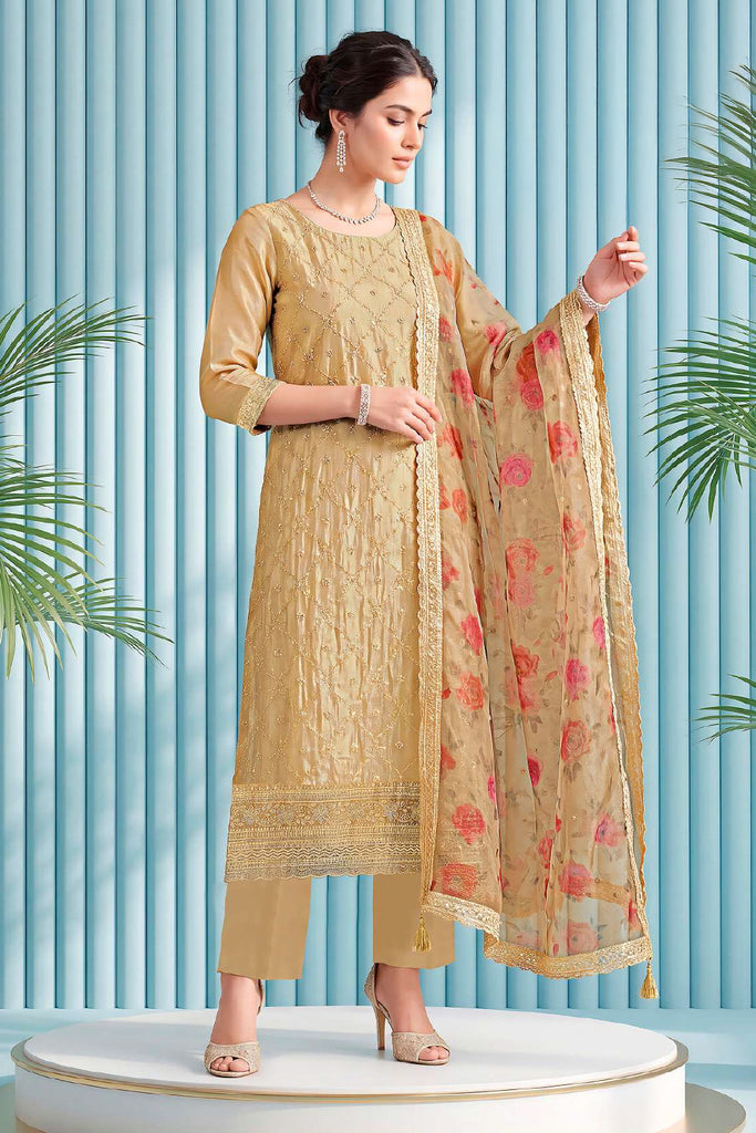 Fawn Organza Resham Embroidered Unstitched Suit Material