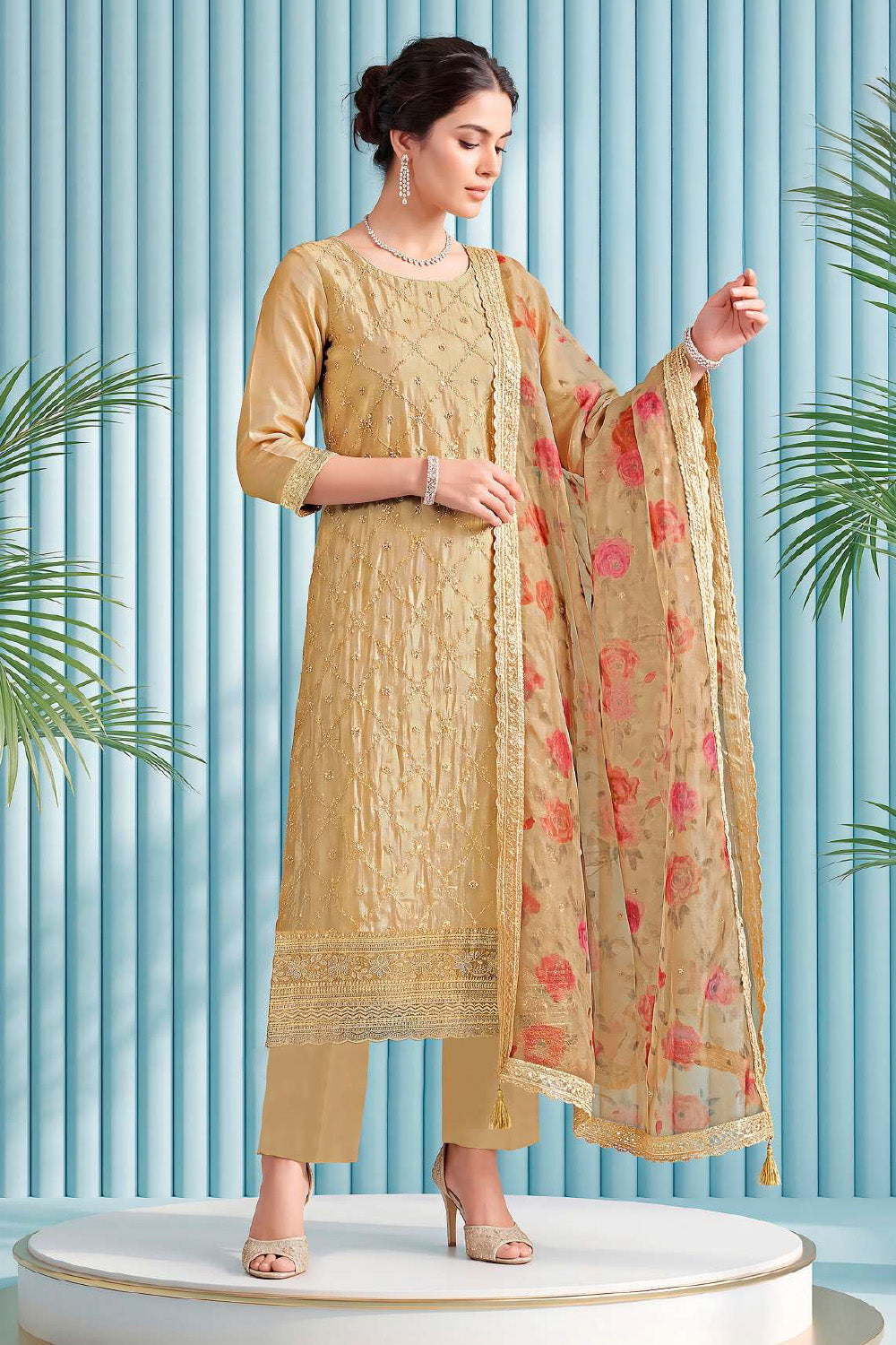 Fawn Organza Resham Embroidered Unstitched Suit Material