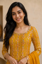 Mustard Crepe Silk Embroidered And Floral Printed Unstitched Suit Material