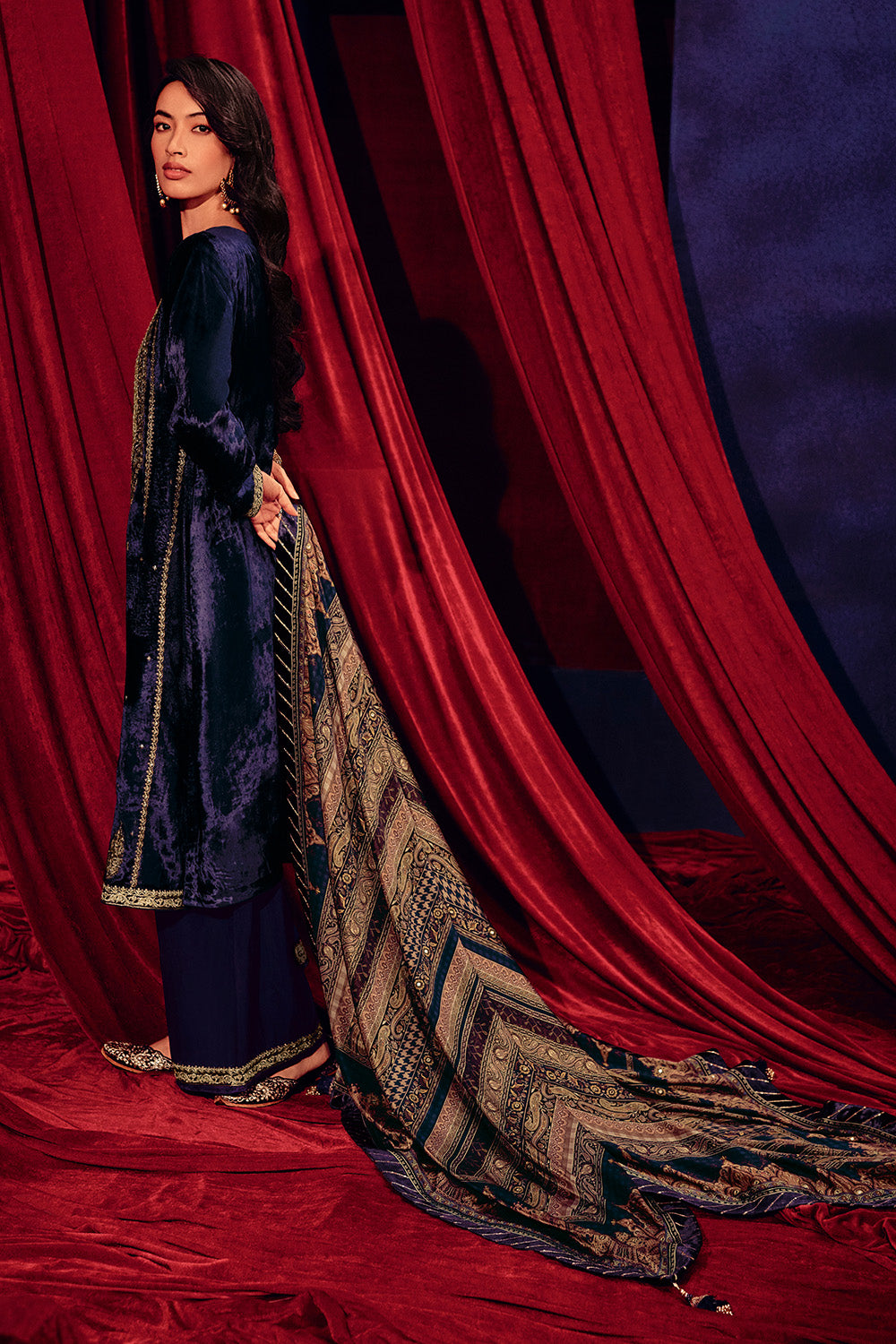 Navy Color Zari Embroidered Velvet Unstitched Suit Fabric