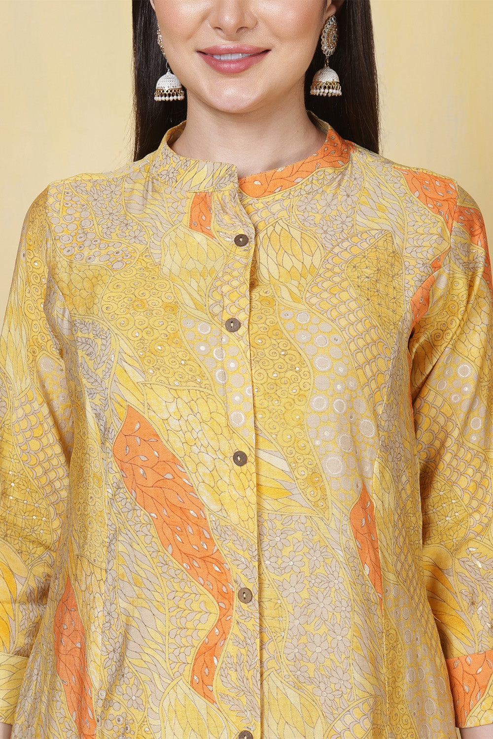 Yellow Cotton Printed Long Kurta Set