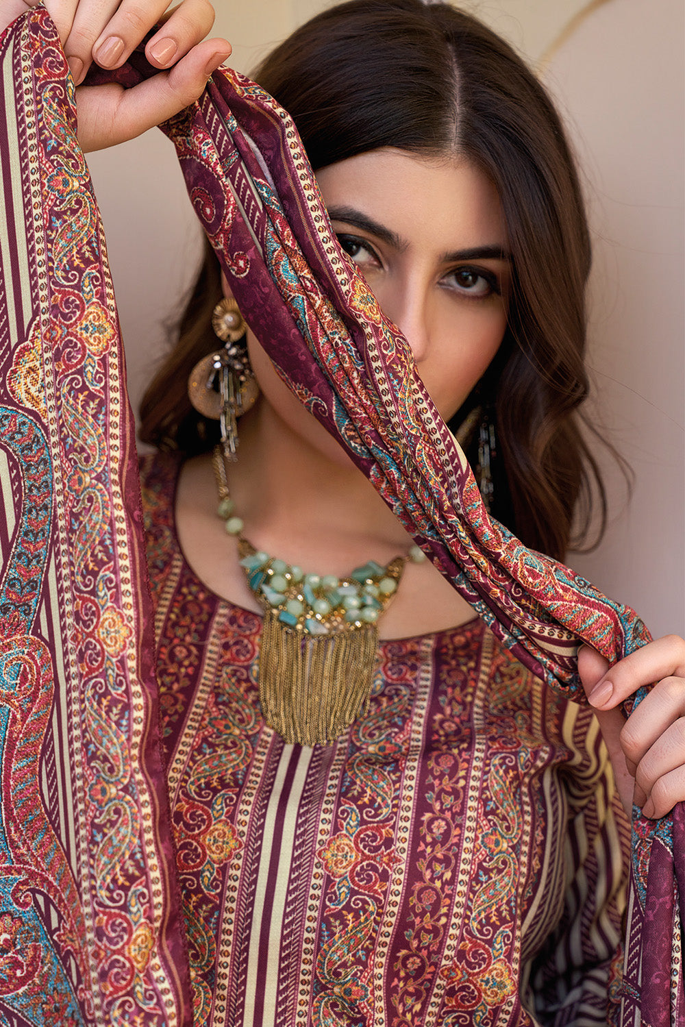 Beige & Wine Spun Mughal-Inspired Paisley Printed Unstitched Suits Material