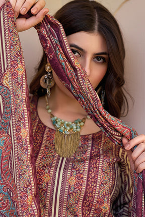 Beige & Wine Spun Mughal-Inspired Paisley Printed Unstitched Suits Material