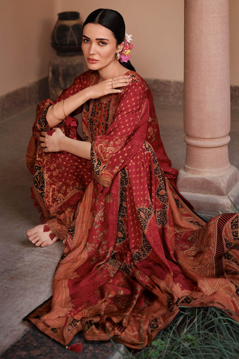 Maroon Crepe Printed Unstitched Suit