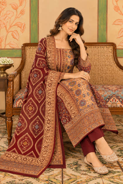 Maroon Resham Woven Pashmina Unstitched Suit Material