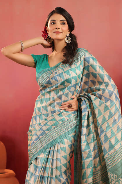 Turquoise And Beige Tussar Silk Printed Saree
