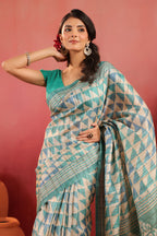 Turquoise And Beige Tussar Silk Printed Saree