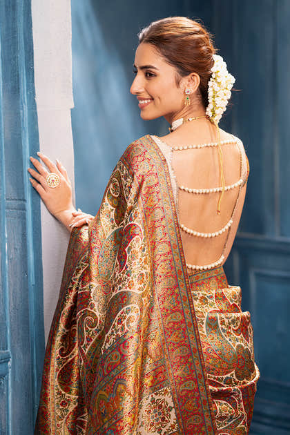 Beige Position Print Woven Silk Saree
