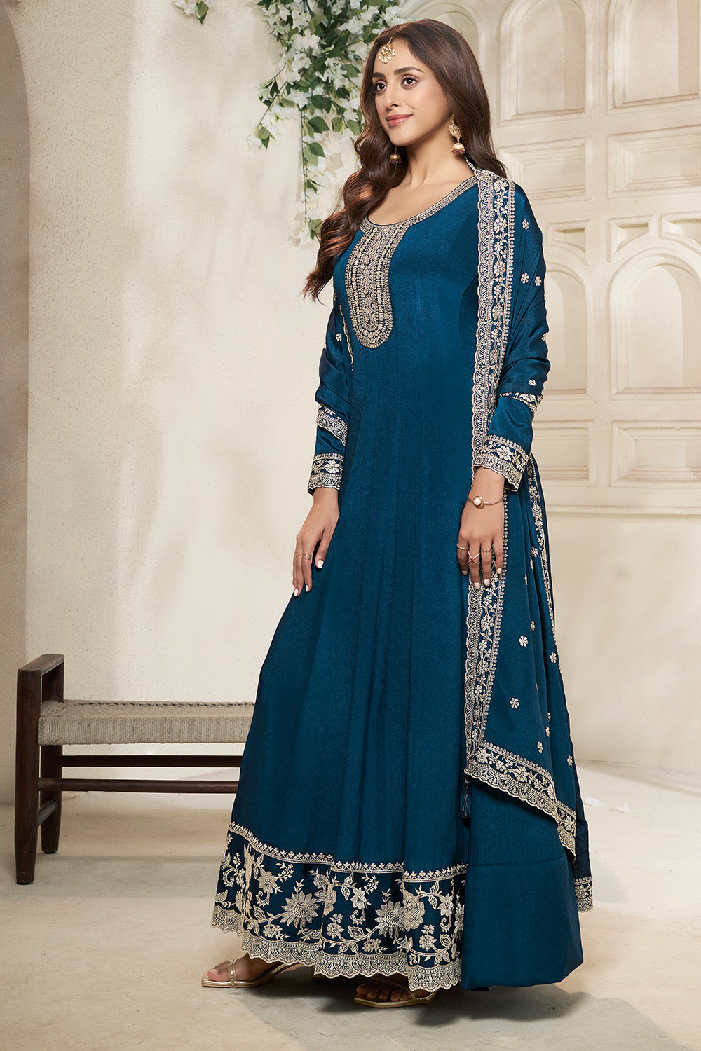 Blue Color Crepe Silk Embroidered Anarkali Kurti With Dupatta