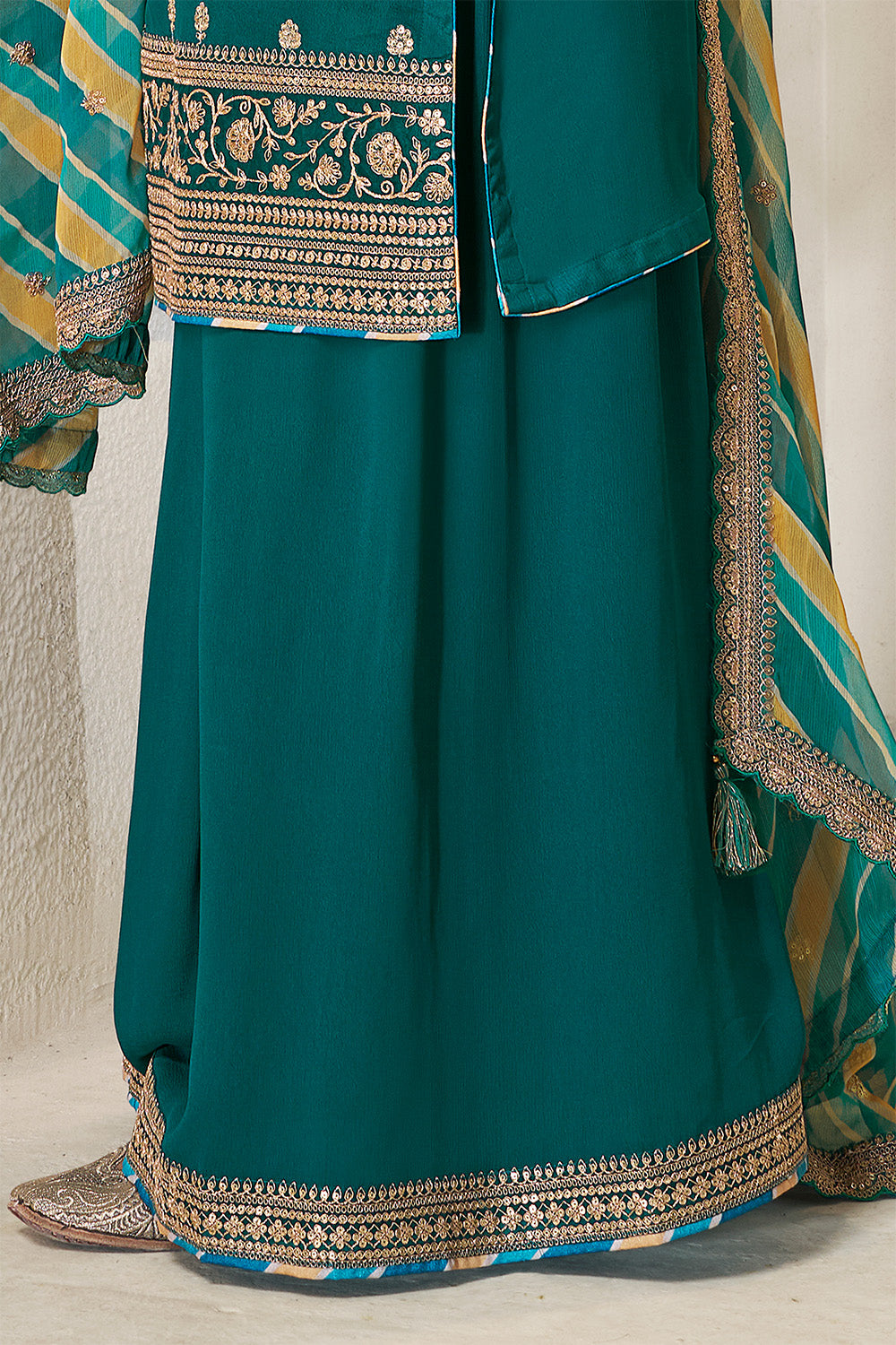 Teal Crepe Silk Embroidered Suit With Palazzo