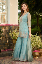 Turquoise Metallic Tissue Embroidered Suit With Palazzo