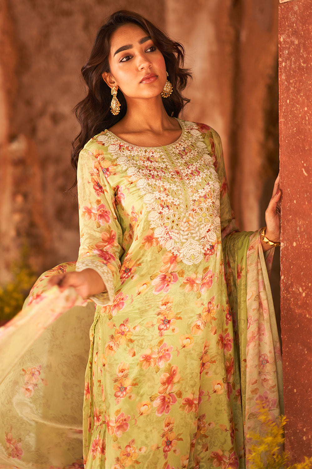 Parrot Green Color Crepe Silk Embroidered &amp; Floral Printed Suit with Gharara