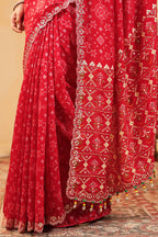 Red Color Ikat Patola Modal Silk Saree with Gota Patti Border