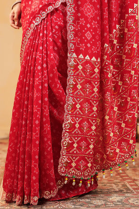 Red Color Ikat Patola Modal Silk Saree with Gota Patti Border