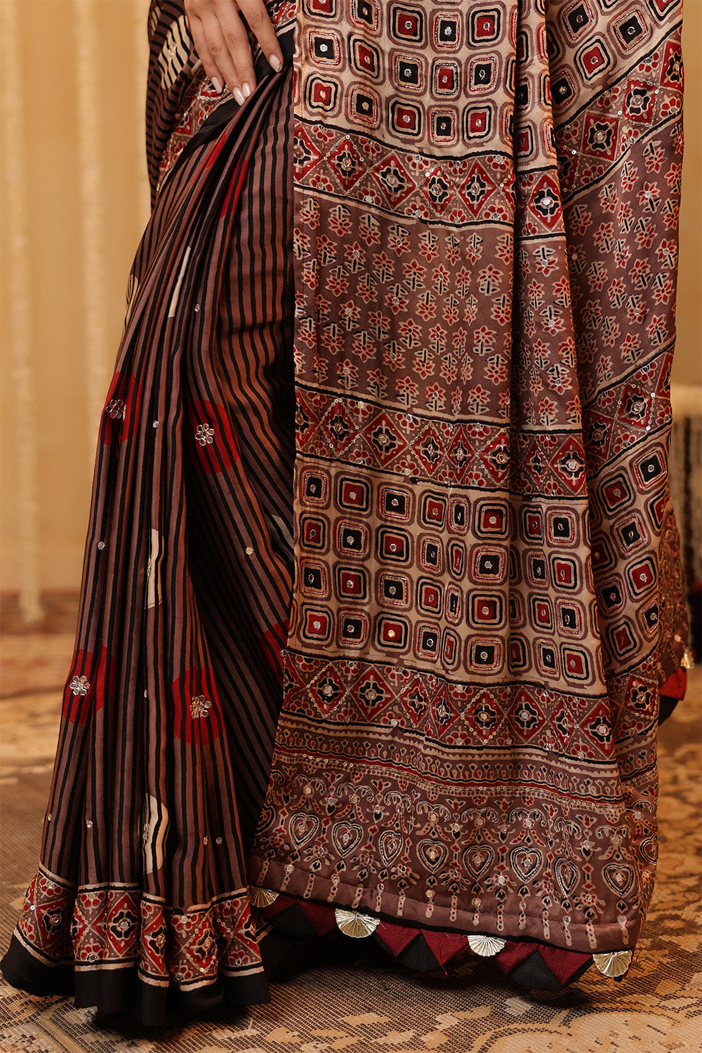Light Brown Pure Mulberry Silk Printed And Embroidered Saree