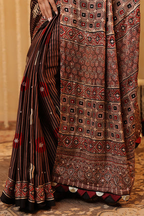 Light Brown Pure Mulberry Silk Printed And Embroidered Saree