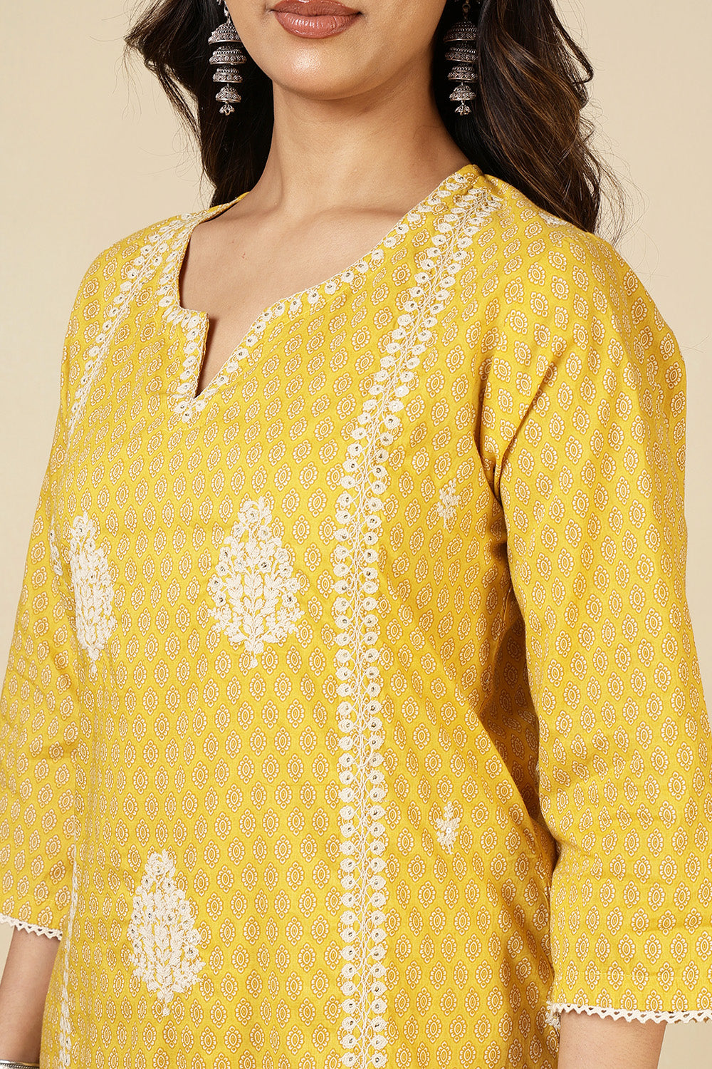Yellow Cotton Emboridered And Printed Suit Set