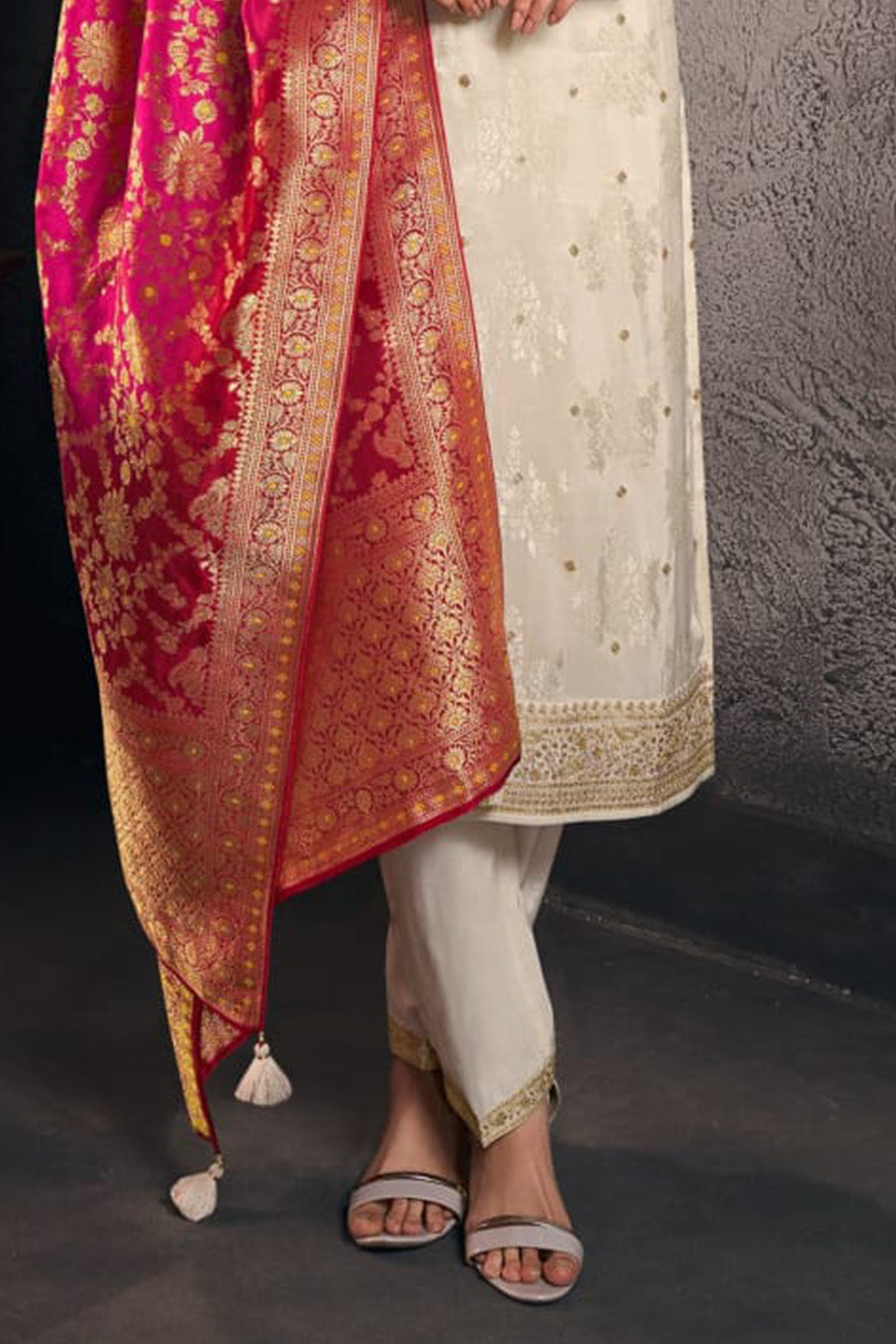 Cream Silk Embroidered & Woven Suit Set