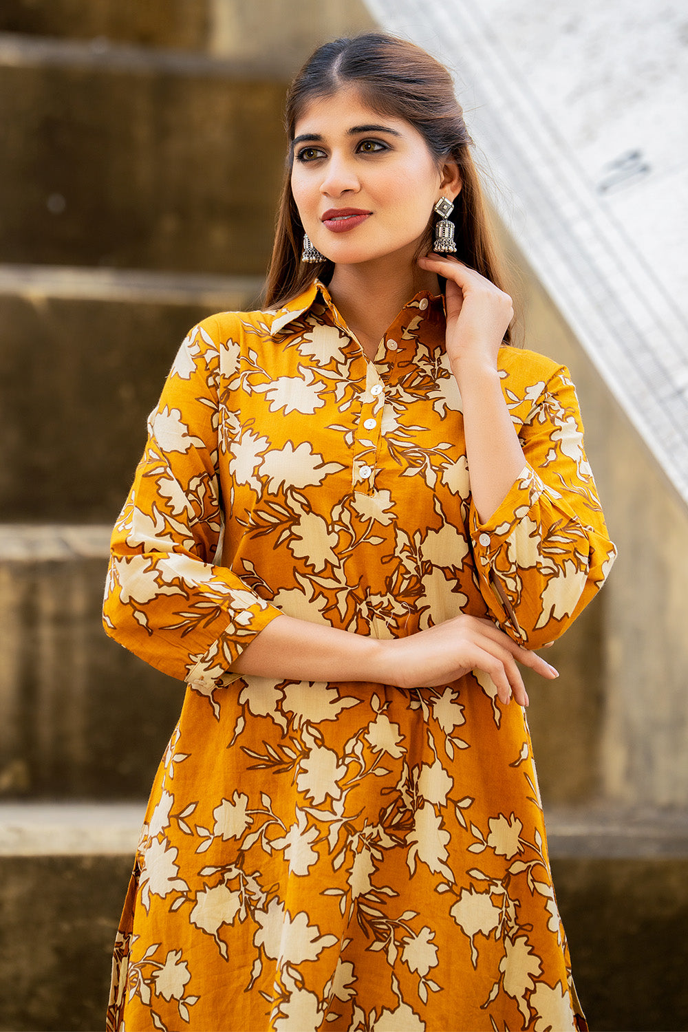 Mustard Floral Vine Printed  Cotton Kurta Set