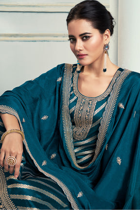 Blue Embroidered & Woven Chanderi Silk Unstitched Suit Fabric