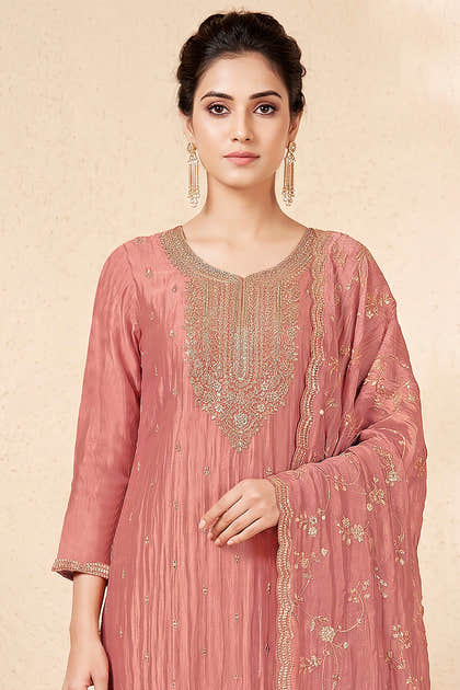 Dusty Peach Tissue Silk Embroidered Unstitched Suit Fabric