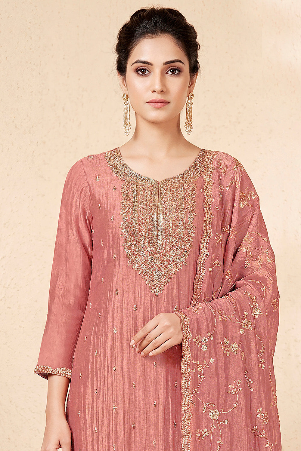 Dusty Peach Tissue Silk Embroidered Unstitched Suit Fabric