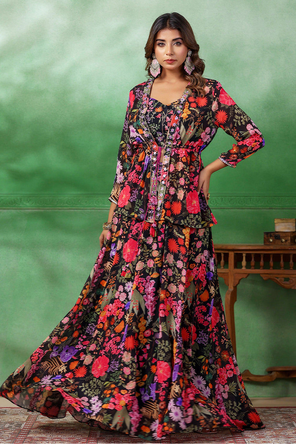 Black Color Crepe Floral Printed Crop Top With Shrug Skirt