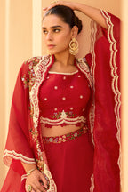 Red Organza Embroidered Crop-Top Dress With Shruge Stlye Dupatta And Palazzo